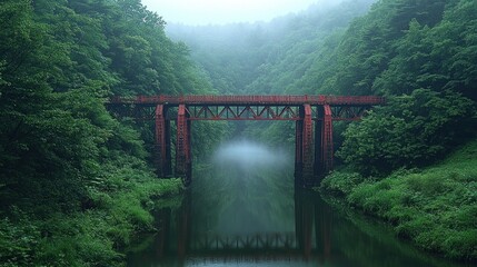 Fototapeta premium Red bridge spans tranquil river between lush green trees, fog above