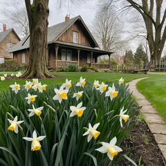 Daffodils Blooming in Front of a Rustic Wooden House