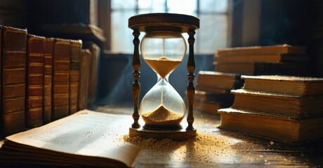 Forgotten hourglass buried under books dust gathering on glass soft vintage lighting symbolizing knowledge and lost time