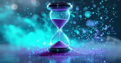 Futuristic digital hourglass with floating particles instead of sand glowing cyan and purple hues symbolizing modern concepts of timekeeping