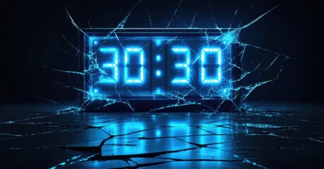 Futuristic digital countdown timer on cracked screen glowing neon blue against dark background symbolizing urgency and race against time