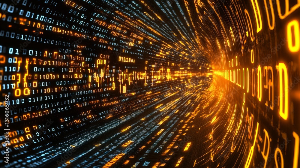 Poster futuristic digital data tunnel: flow of binary code in a cyberspace network