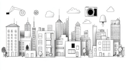 Fototapeta premium Monochrome Cityscape Illustration Featuring Abstract Buildings and Urban Elements with Clouds and Geometric Shapes in a Minimalist Design