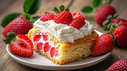 Strawberry shortcake light cake, filled with cream & ripe berries, garnished & served