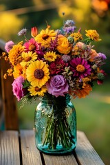 Fototapeta premium A Happy Birthday greeting card with a seasonal theme, showcasing a vase containing a beautiful bouquet of summer flowers