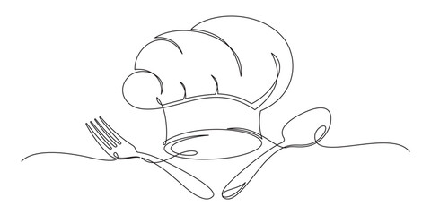 chef hat and cutlery in continuous line art style 