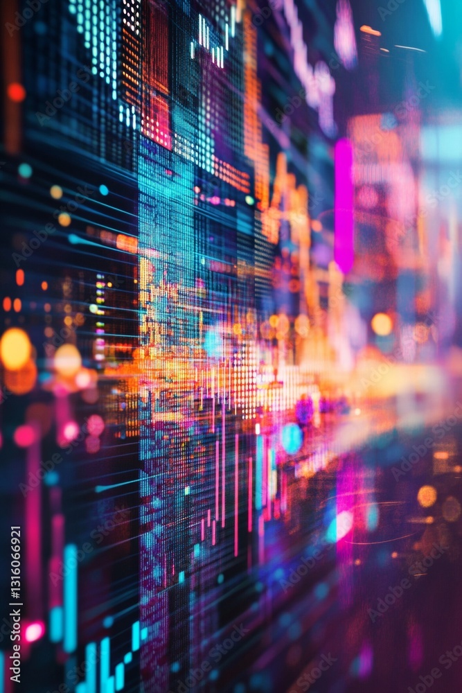 Poster colorful abstract data visualization with neon lights and dynamic patterns in digital technology env