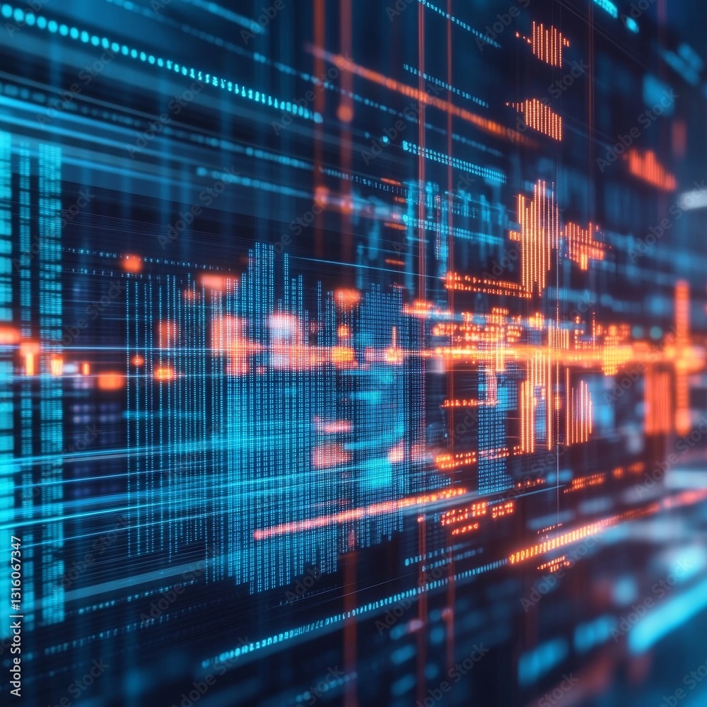 Poster futuristic abstract data visualization with dynamic blue and orange lines representing technology