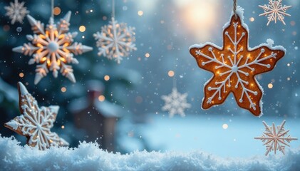Snowflakes made of gingerbread and icing adorn a frosty windowpane, snowflake, icing