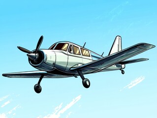Naklejka premium Single-engine plane flying, clear sky, clouds, travel