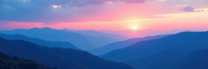 Obraz premium Softly glowing blue and pink hues of sunrise over mountains, blue, gentle