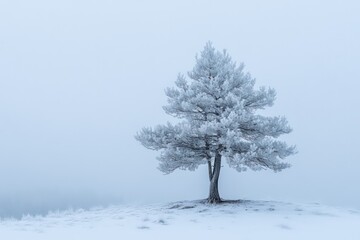 Fototapeta premium The resilience of a lone frosted pine tree standing firm against a winter storm.