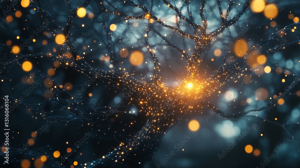 Poster illuminated digital neural network with glowing connections and abstract patterns
