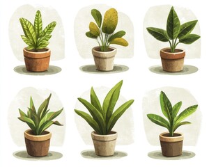 Six potted houseplants, illustration, home decor, indoor greenery