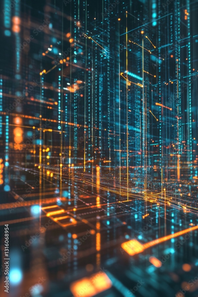 Poster futuristic digital data flow visualization with glowing lines and abstract matrix structure