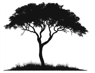 Black Tree Silhouette with Grass Against White Background for Design
