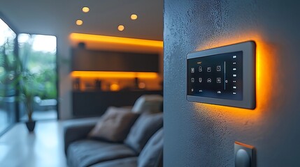 Smart home control panel modern living room digital device cozy interior close-up home automation