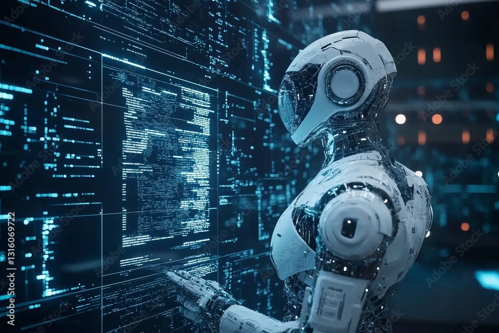 Poster a futuristic robot interacts with a high-tech digital screen displaying complex data. this image cap