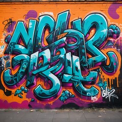 Vibrant Teal and Orange Graffiti Art on Brick Wall