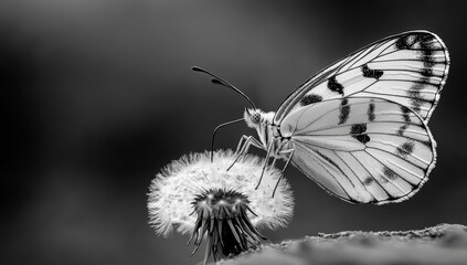 Obraz premium A closeup of a dandelion and butterfly with seeds dispersing in the breeze, featuring a pale retro tone