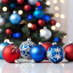 Obraz premium Red and Blue Christmas Ornaments on White Surface with Blurred Christmas Tree Background