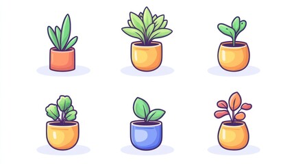 Six potted plants, illustration, home decor, white background, website design