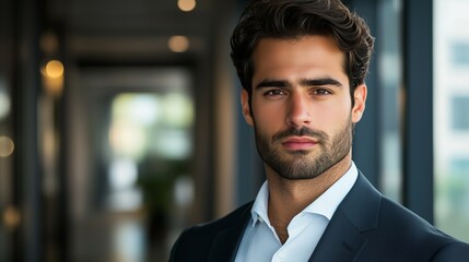 Fototapeta premium Young businessman exuding confidence in formal attire, embodying professionalism and determination. 