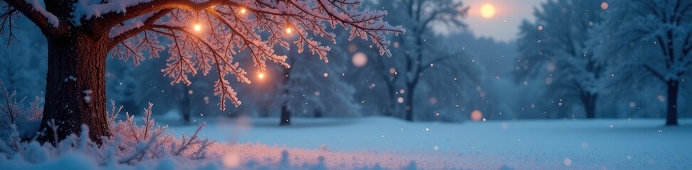 Softly glowing tree lights illuminate the serene winter scene, white Christmas tree, frosty morning, peaceful evening