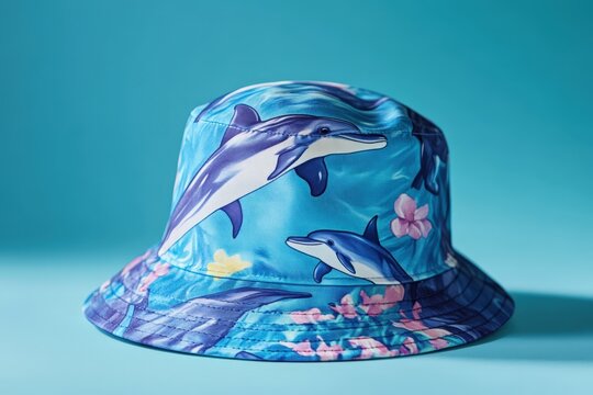 A colorful bucket hat features dolphin and flower patterns - Powered by Adobe