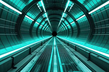 Obraz premium Vibrant Teal Tunneling Grid Background with Dynamic Depth and Geometric Designs