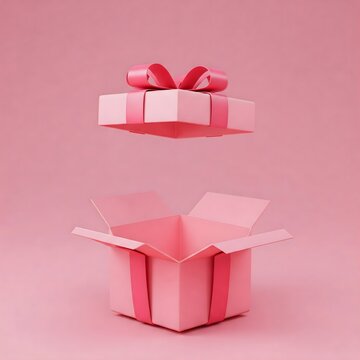 A pink gift box with a matching ribbon and bow, its lid floating above the open base, set against a solid pink background.