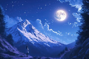 The surreal beauty of a moonlit mountain landscape, its icy peaks glowing softly.