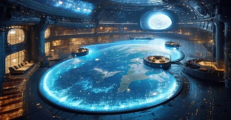 Luxury space station hotel glass domed infinity pools overlooking earth glowing data streams displaying personalized experiences for each guest