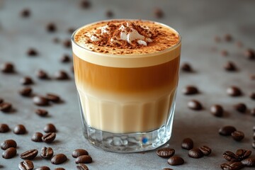 Delicious layered coffee beverage with whipped cream and cocoa powder on a gray table surrounded by fresh coffee beans a cozy and inviting still life