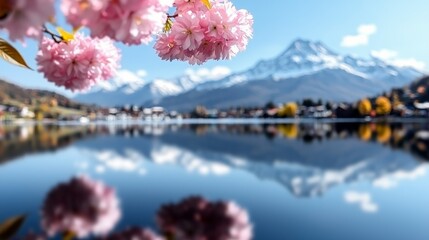 Serene Mountain Lake with Cherry Blossoms in Spring
