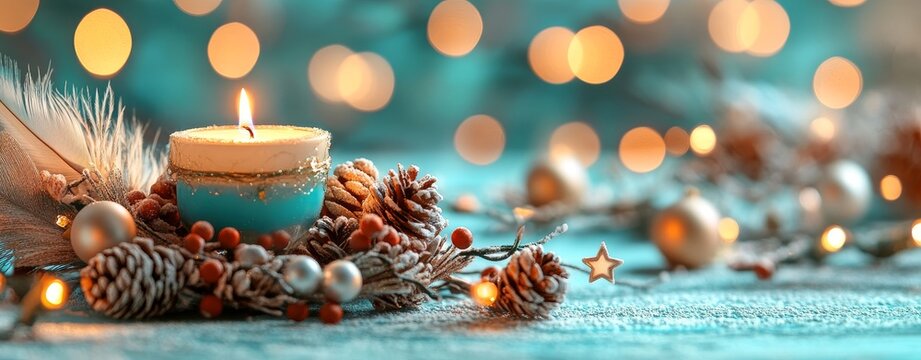Christmas background banner set in a snowy panorama, incorporating an advent candle, cookies, and natural decorations, with a header and copy space suitable for a seasonal greeting card design