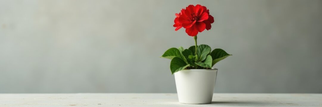 White flowerpot with a stunning red geranium bloom, detail, solitary, pot