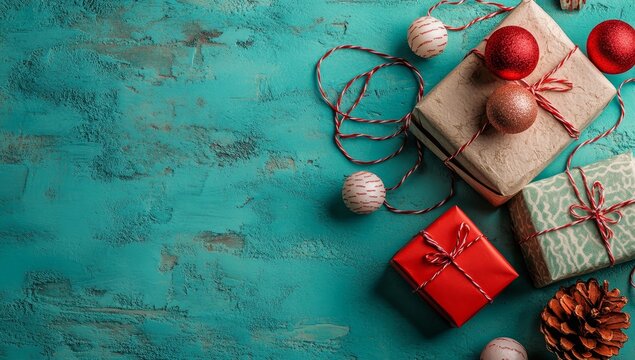 Fototapeta The concept of Valentine's Day is depicted in a top view photo featuring present boxes wrapped in heart-patterned paper, accompanied by a light bulb garland with inscriptions of love and soft