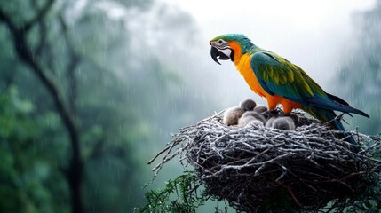 Obraz premium Blue and yellow Macaw Protecting Chicks in Rain
