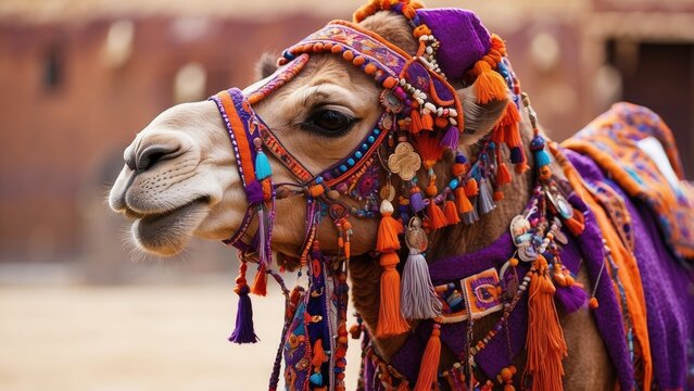 A decorated camel stands gracefully, adorned with a vibrant patterned saddle blanket featuring shades of orange,