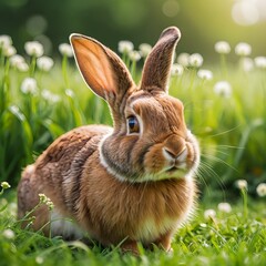 Adorable Brown Rabbit in Spring Meadow