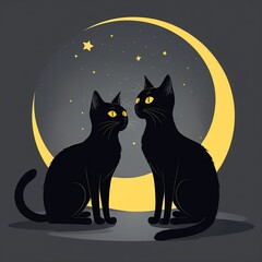 Two Black Cats Under the Crescent Moon