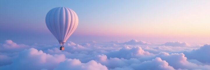 Naklejka premium White hot air balloon floats serenely above a gradient blue and purple sky, soft focus, cloud