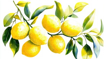 Watercolor Lemons Branch  Juicy Citrus Fruit  Yellow Green Leaves  Fresh Produce   Botanic