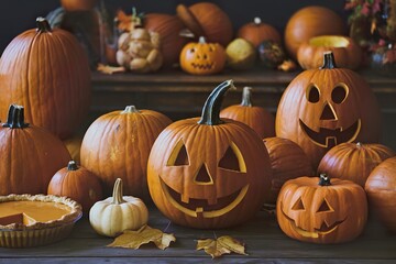 Obraz premium A photo of a wooden table with a variety of pumpkins