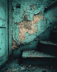 A weathered wall adorned with peeling, faded paint reveals layers of color beneath. A rustic wooden staircase ascends alongside, adding charm and a sense of history to the scene.