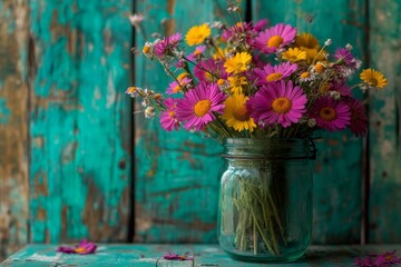 Greeting card for Happy Birthday with a vase filled with a bouquet of summer flowers