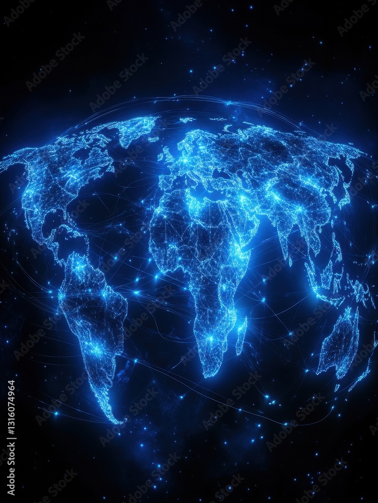 Poster global connectivity network concept with glowing blue world map and data streams on dark background 
