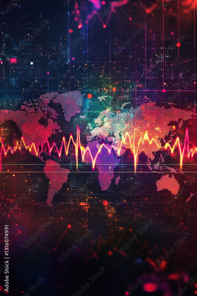 Poster a colorful image of a world with a red line that is pulsing. the image is abstract and has a futuris