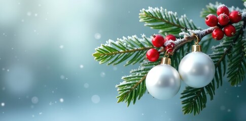 White ornaments and red berries on a frosty branch, branch, holly like, Christmas decor